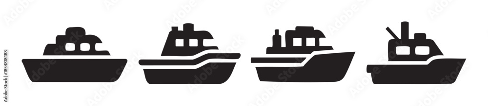 Obraz premium Four different black silhouette boats representing various types of marine transportation, water travel, and nautical journey icons for web design and applications.