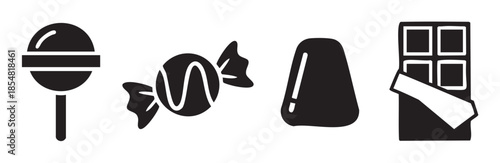 Lollipop wrapped candy fudge chocolate bar icons represent a delightful assortment of sugary treats and confectionery products in a simple, graphic style.