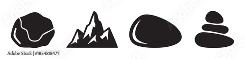 Rocks stones mountains pebbles cairn icons set representing various natural geological elements in a simple black and white graphic style.