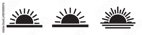 Three simple sun icons representing sunrise or sunset, depicted in a minimalist black silhouette style, ideal for weather apps, travel, or time-related graphic design projects.