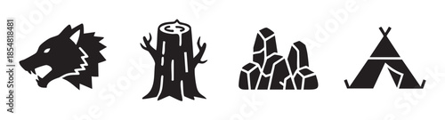 Nature wilderness tribal icons featuring a wolf head, tree stump, jagged rocks, and a teepee, presented in a clean, minimalist graphic design.
