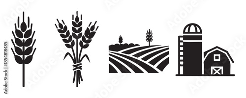 Farm agriculture wheat grain icons set depicting essential elements of rural life, harvest, and cultivation, suitable for various design projects.