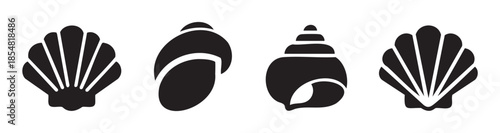 Four different types of seashells vector icons collection showcasing various marine mollusk shells in a simple black silhouette design.