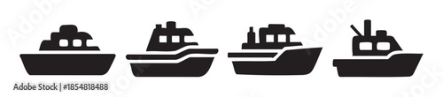 Four different black silhouette boats representing various types of marine transportation, water travel, and nautical journey icons for web design and applications.