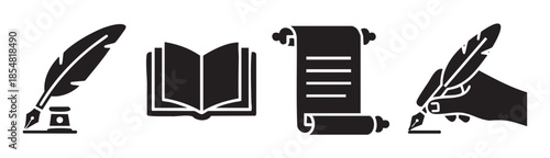 Quill pens, open books, and ancient scrolls are classic symbols of literature, education, and the enduring power of written communication.