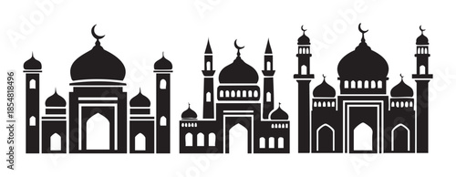 Multiple mosque silhouettes with domes and minarets creating an iconic Islamic architecture skyline illustration for religious and cultural themes.