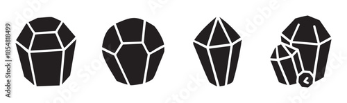 Stylized black crystal and gemstone icons with geometric facets are arranged in a row, showcasing various shapes and forms of precious minerals.