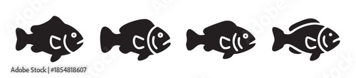 Four simple black fish icons swimming together in a row, representing aquatic life, seafood, or a minimalist design element for various projects.
