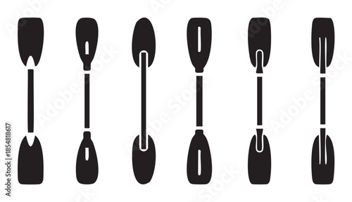 Six different paddles for kayaking and canoeing are depicted in a versatile collection of black silhouettes, ideal for water sports and outdoor adventure designs.