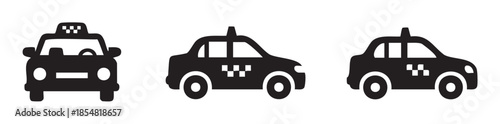 Three black taxi car icons, a collection of simple vector symbols for ride-sharing, public transport, and urban travel applications.