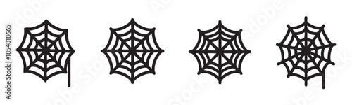 Four spider web illustrations in black with various styles for spooky Halloween decorations and creepy designs, perfect for seasonal events.