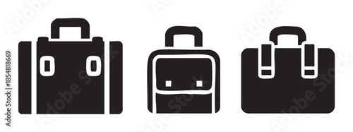 Three black silhouette briefcases, bags, and luggage items are presented as a versatile collection of travel and work accessories.