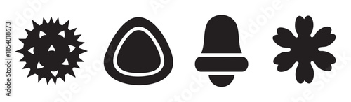 Abstract organic shapes and natural elements are depicted as simple black silhouettes, representing various biological and environmental concepts.