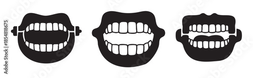 Open mouths with teeth in various positions, depicted as a set of stylized black and white vector icons representing dental health and oral care.