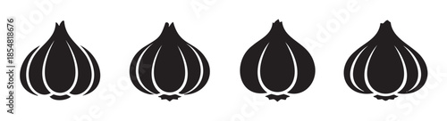 Various black garlic bulbs depicted as simple graphic icons for food concepts, culinary themes, and healthy eating designs, showcasing a versatile vegetable.