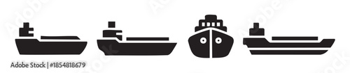 Four different cargo ships vector icons representing global transport, maritime industry logistics, and international trade across the seas.