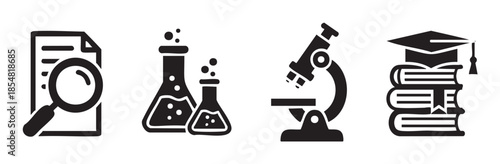 Education science research learning icons represent various academic and scientific fields, symbolizing knowledge, discovery, and intellectual pursuit.