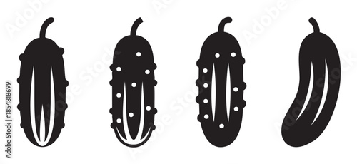 Four black cucumber pickle vegetable icons in various styles, perfect for illustrating fresh healthy food, ingredients, or organic produce in a graphic design context.
