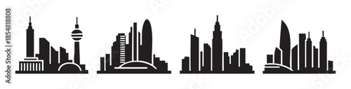 Modern urban city skylines vector illustration set showcasing diverse architectural designs and iconic towers, representing global metropolises and their unique urban landscapes.