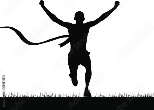Silhouette of a runner breaking the finish line tape with arms raised in victory