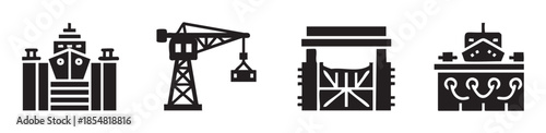 Maritime and port icons representing shipping, logistics, and navigation activities, including a docked ship, a crane, a canal lock, and a vessel on water.