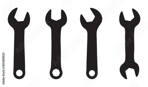 Four black silhouettes of various wrenches are displayed horizontally in a row, representing essential equipment for repair and maintenance tasks.