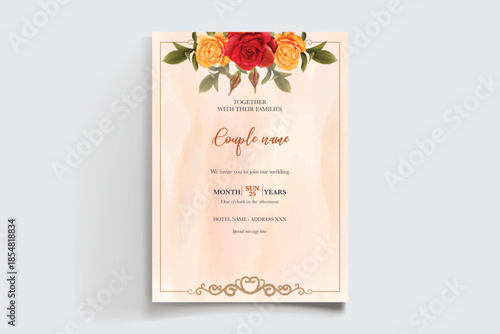 WEDDING INVITATION FRAME WITH FLOWER DECORATIONS AND FRESH LEAVES