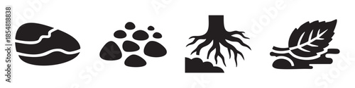 Natural elements egg stones roots leaf graphic vector icons representing various aspects of nature and growth in a simple, bold silhouette style.
