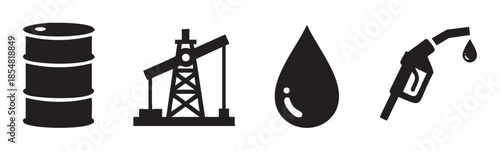 Oil and fuel industry related icons representing petroleum production, energy resources, and consumption, including a barrel, derrick, drop, and pump nozzle.