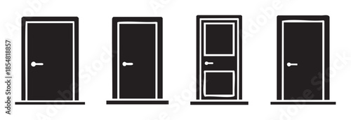Four different closed door icons with handles representing various entryways, exits, and opportunities for choice or new beginnings.