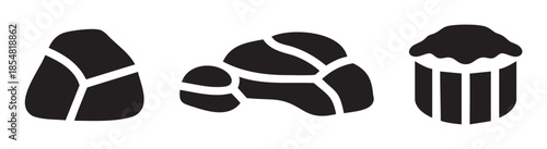 Versatile graphic icons depicting a rice ball, natural rocks, and a sweet cupcake, rendered in a clean, minimalist black and white vector design.