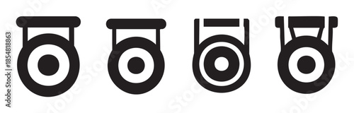 Four stylized gongs and percussion instrument icons in a minimalist black and white design, representing traditional musical elements with modern simplicity.