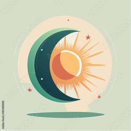 Illustration of a crescent moon and sun with stars on a light background.
