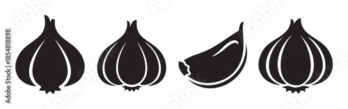 Garlic bulbs and a single clove are depicted in a simple black silhouette vector illustration, representing a common cooking ingredient.