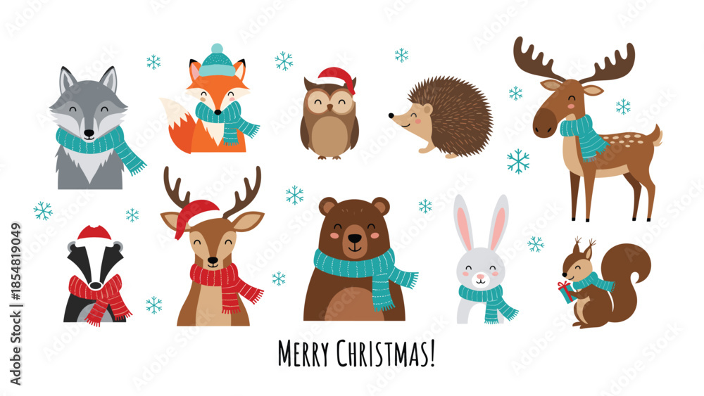 Naklejka premium Collection of cute forest animals wearing winter scarves and hats for merry christmas greetings on white background.