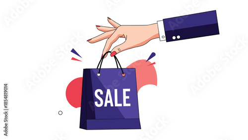 Elegant hand in a blue suit sleeve holding a dark purple shopping bag with sale text on an abstract background.