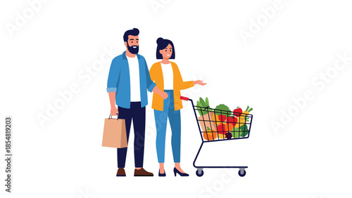 Happy couple shopping together for groceries with a full metal cart and paper bag isolated on a clean white background.