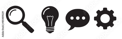 Magnifying glass, light bulb, speech bubble, gear icons collectively represent various aspects of business strategy, problem-solving, and digital interaction.