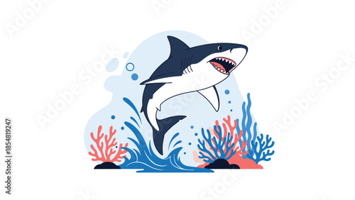 Powerful great white shark jumping out of blue ocean water with coral reefs and bubbles on a clean white background.
