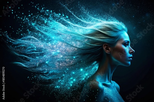 Glowing Blue Particle Hair Woman Silhouette - Dark Background Stock Photo