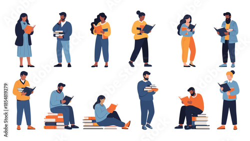 Diverse group of people standing and sitting while reading various books isolated on white background for library themes.