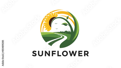 Creative sunflower landscape logo design with a winding road through green fields and sun rays on white background.