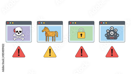 Set of four browser windows showing cybersecurity threats like malware and hackers with warning signs on white background.