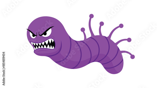 Fierce purple worm monster with sharp teeth and multiple small legs isolated on a plain white background for games.