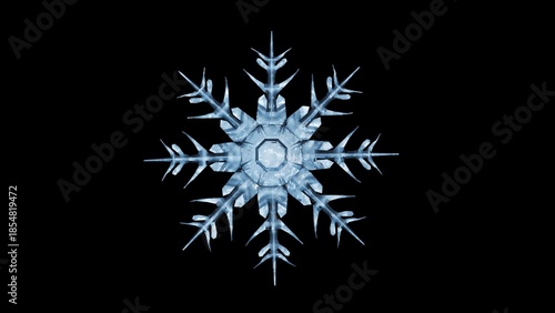 A 3D rendering of crystalline snowflakes against a black background. The image has a magical, wintry feel, highlighting the intricate, glowing geometry of the ice crystals.