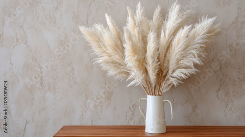 Elegant White Pampas Grass Plumes Displayed in White Vase on Wooden Table Against Textured Beige Wall in Soft Natural Lighting Home Decor