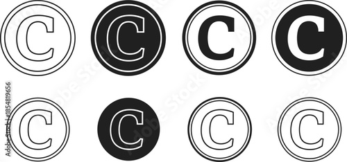 Copyright symbol variations vector set, black and white circle icons, intellectual property rights design, legal protection mark illustration, creative graphic collection