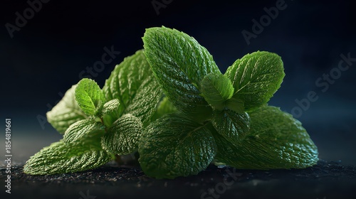 Fresh Green Mint Sprig Sprinkled with Shimmering Glistening Water Droplets on Dark Background with Bokeh Effect and Subtle Studio Lighting Close Up