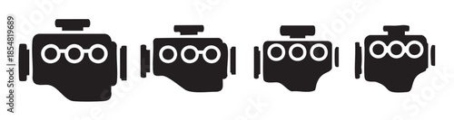 Four car engine icons are presented as a collection of simple, modern vector symbols, ideal for illustrating automotive design and mechanical engineering concepts.