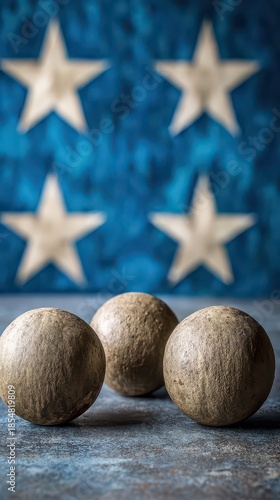 Glittering Gold Spheres And Stars On Textured Blue Background With Artistic Lighting